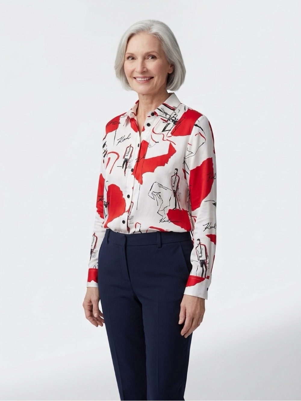 Karl Lagerfeld White Button-Down Shirt with Red and Black Sketch Print